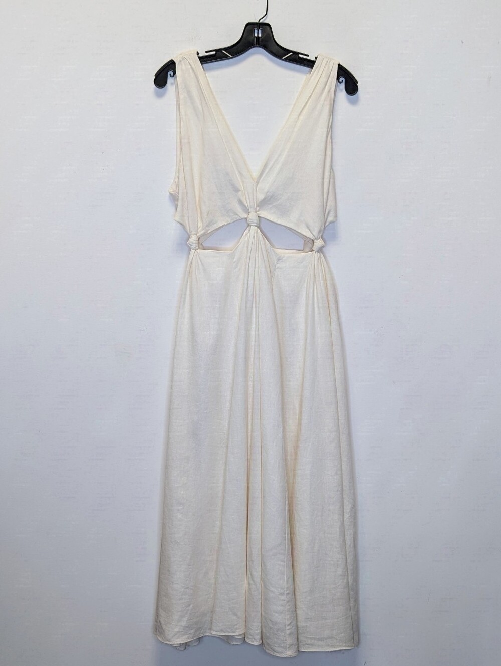 FARM Rio Ivory Off White Linen Knotted Cut Out V-Neck Sleeveless Midi Dress M - Picture 3 of 13